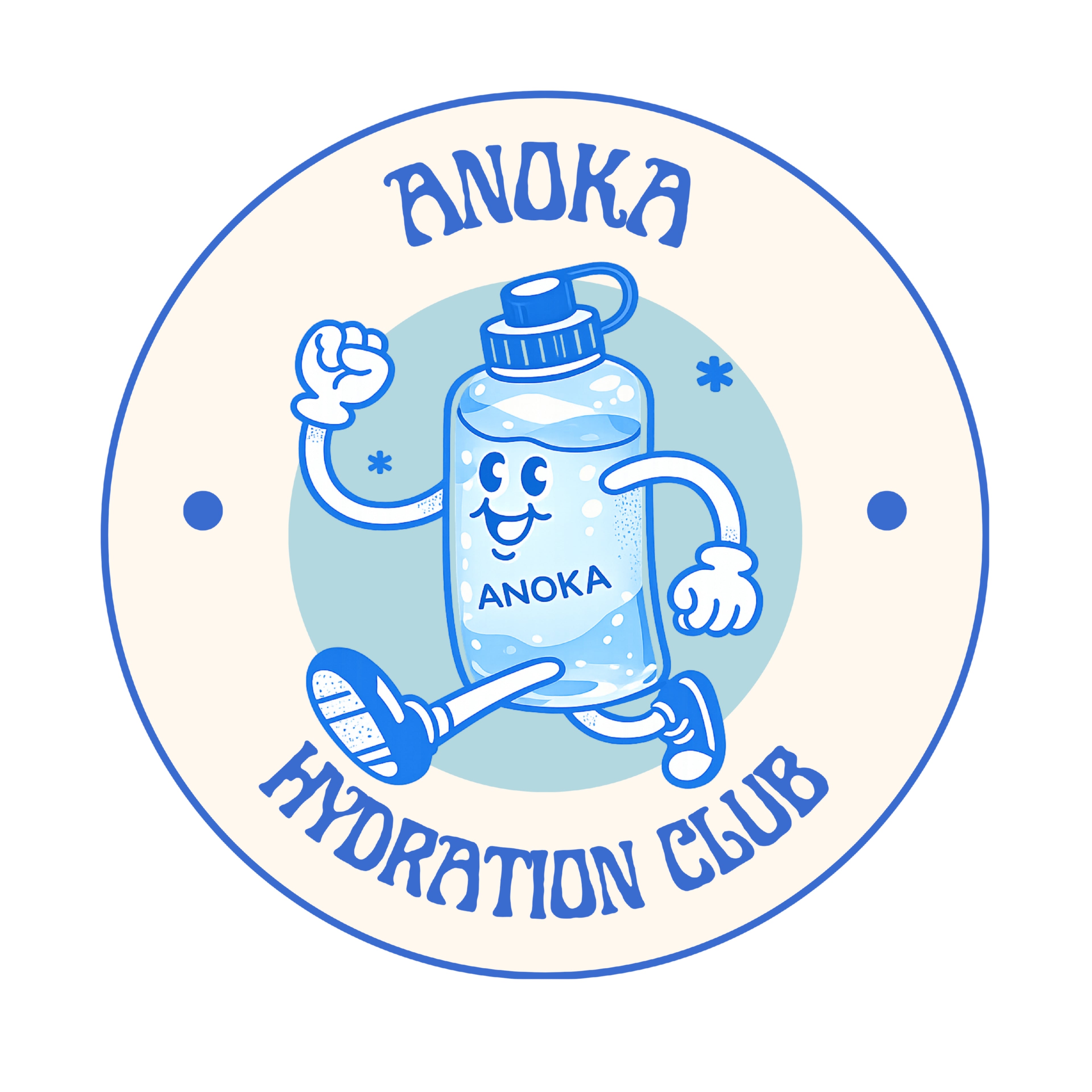 Logo of Anoka Hydration Club with a cartoon water bottle character on a white background