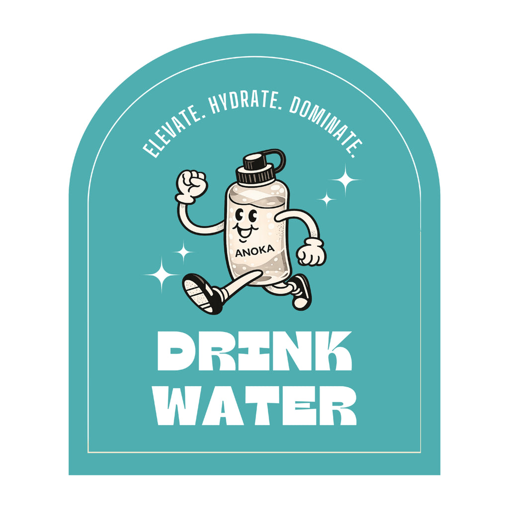 Cartoon water bottle character with 'Drink Water' text on a teal background