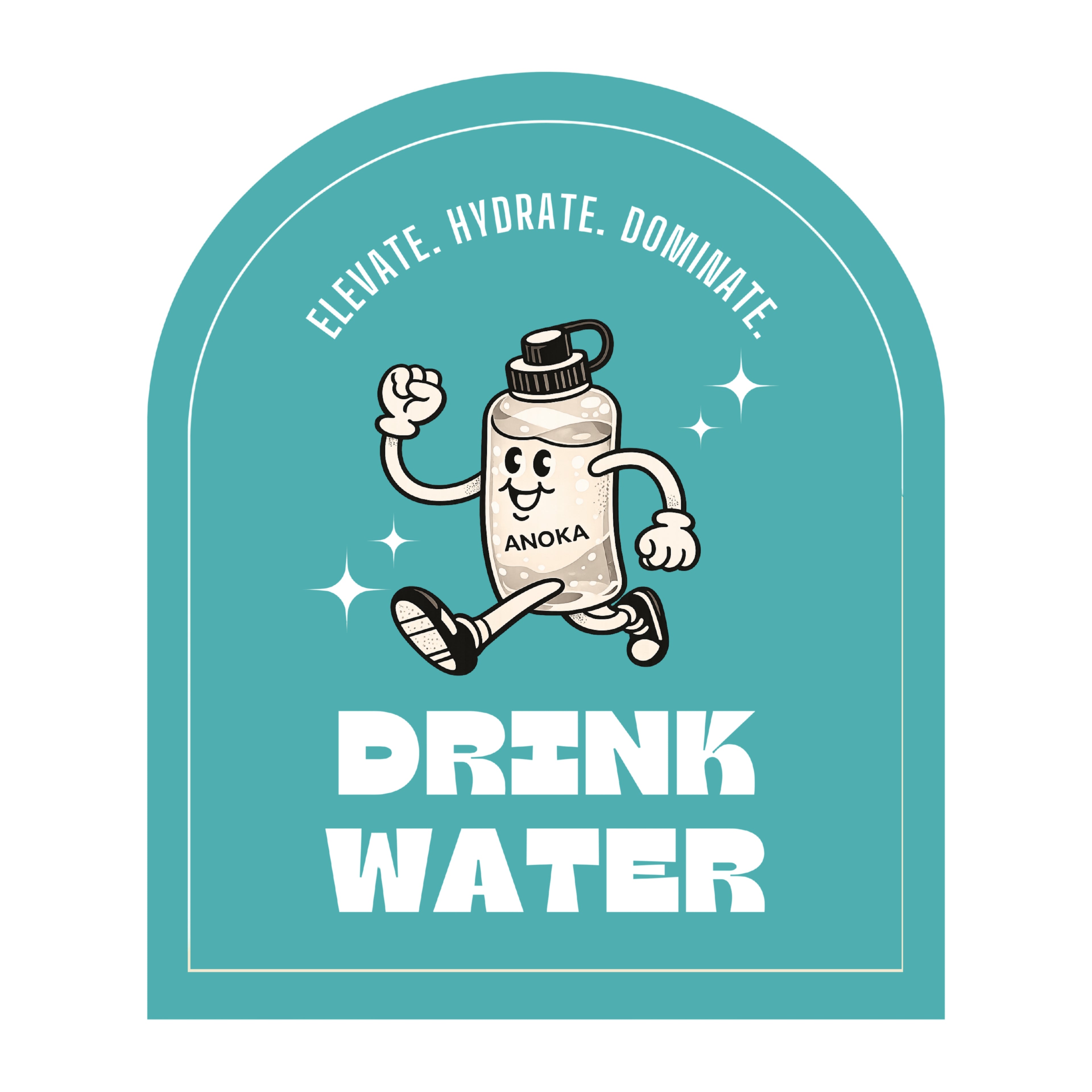 Cartoon water bottle character with 'Drink Water' text on a teal background