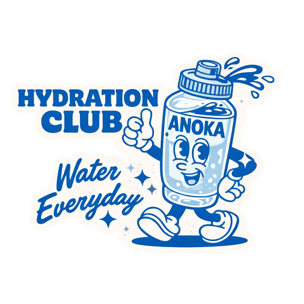 Cartoon water bottle character with 'Anoka' branding and text 'Hydration Club, Water Everyday' on a white background.