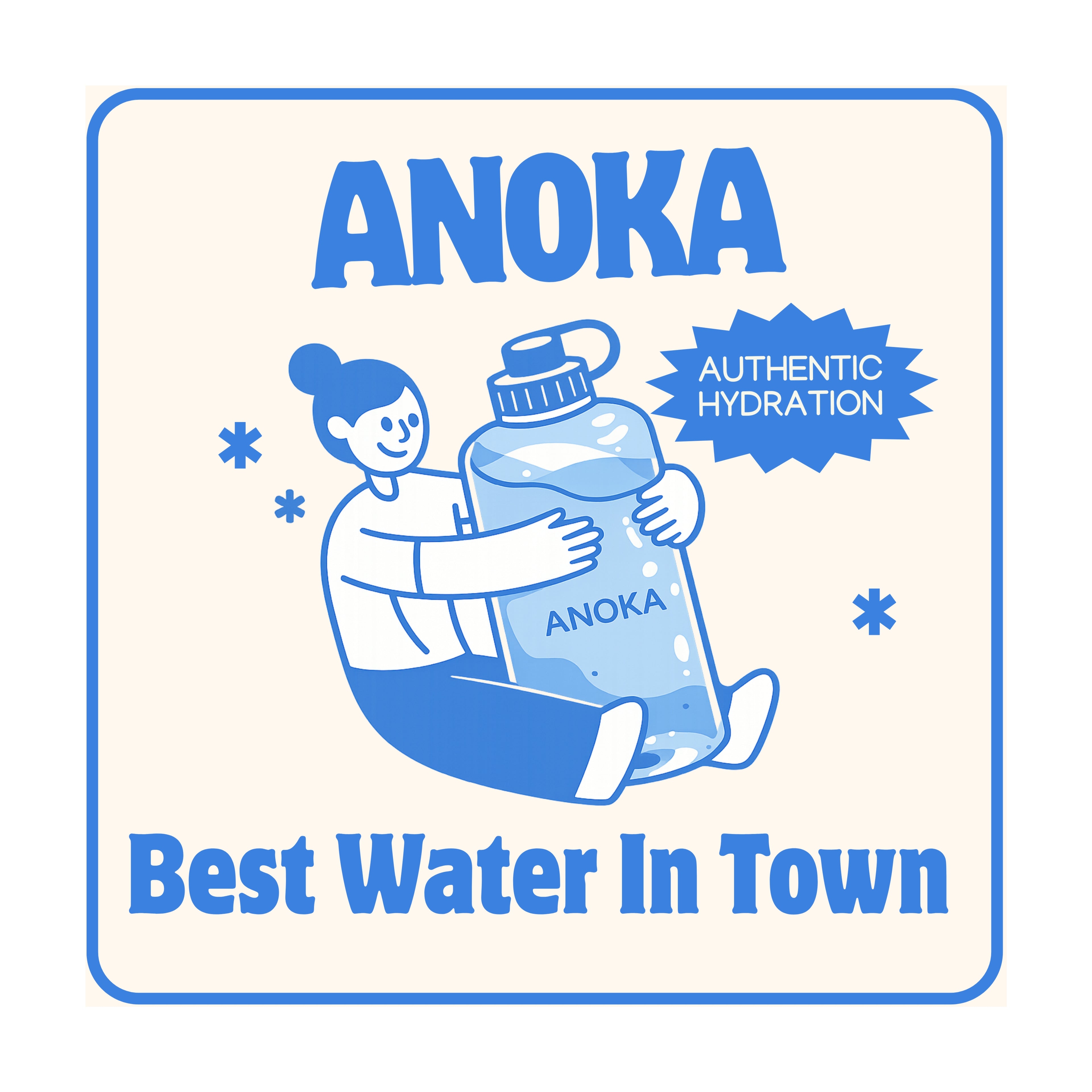 Illustration of a person holding a large water bottle with 'Anoka' branding on a light background.