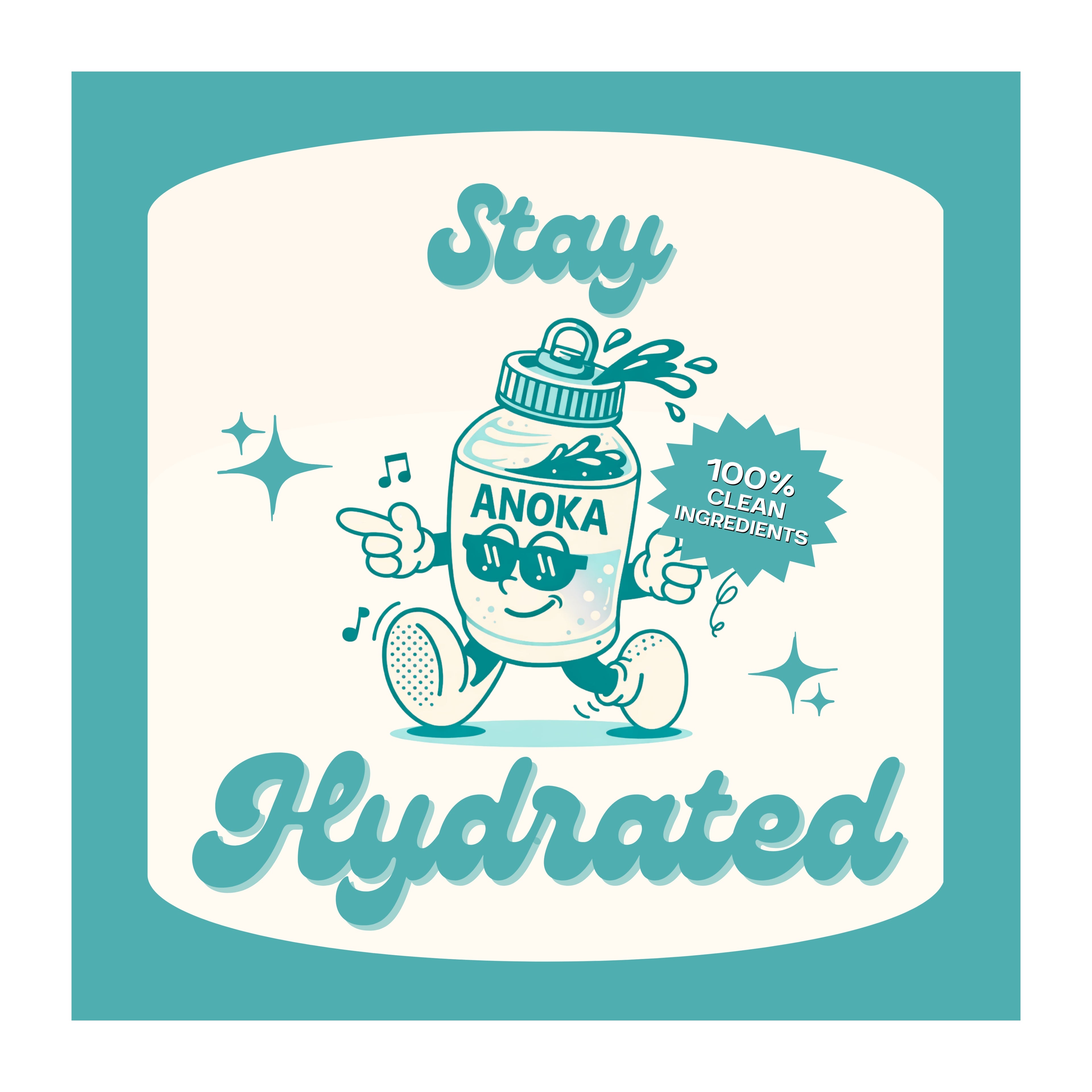 Cartoon character holding a jar with 'Anoka' branding and text 'Stay Hydrated' on a teal background