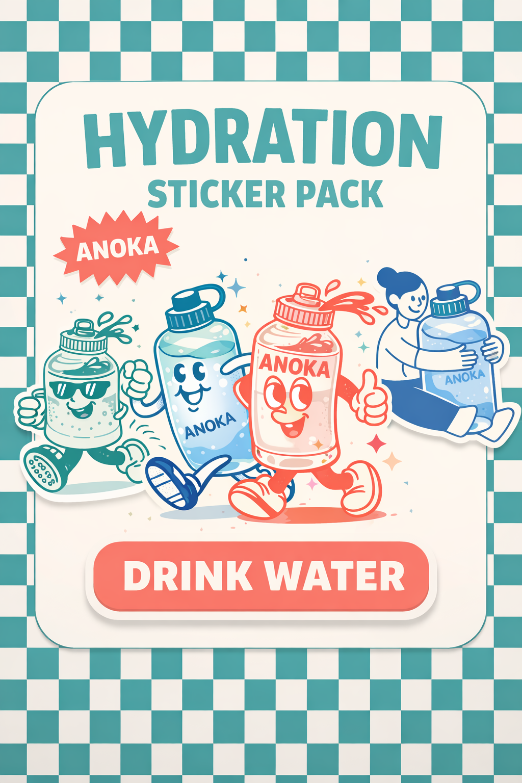 Sticker pack for hydration with cartoon water bottles and characters on a checkered background
