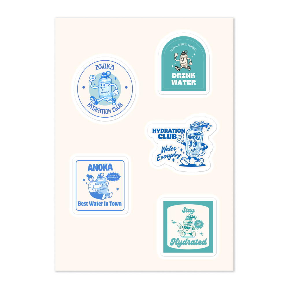 Set of blue and white stickers with hydration-themed graphics on a light background