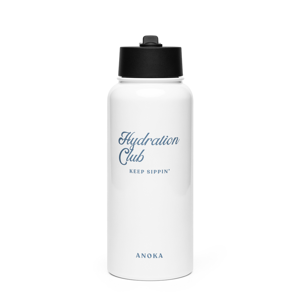 White water bottle with black lid featuring 'Hydration Club' branding on a white background