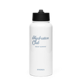 White water bottle with black lid featuring 'Hydration Club' branding on a white background