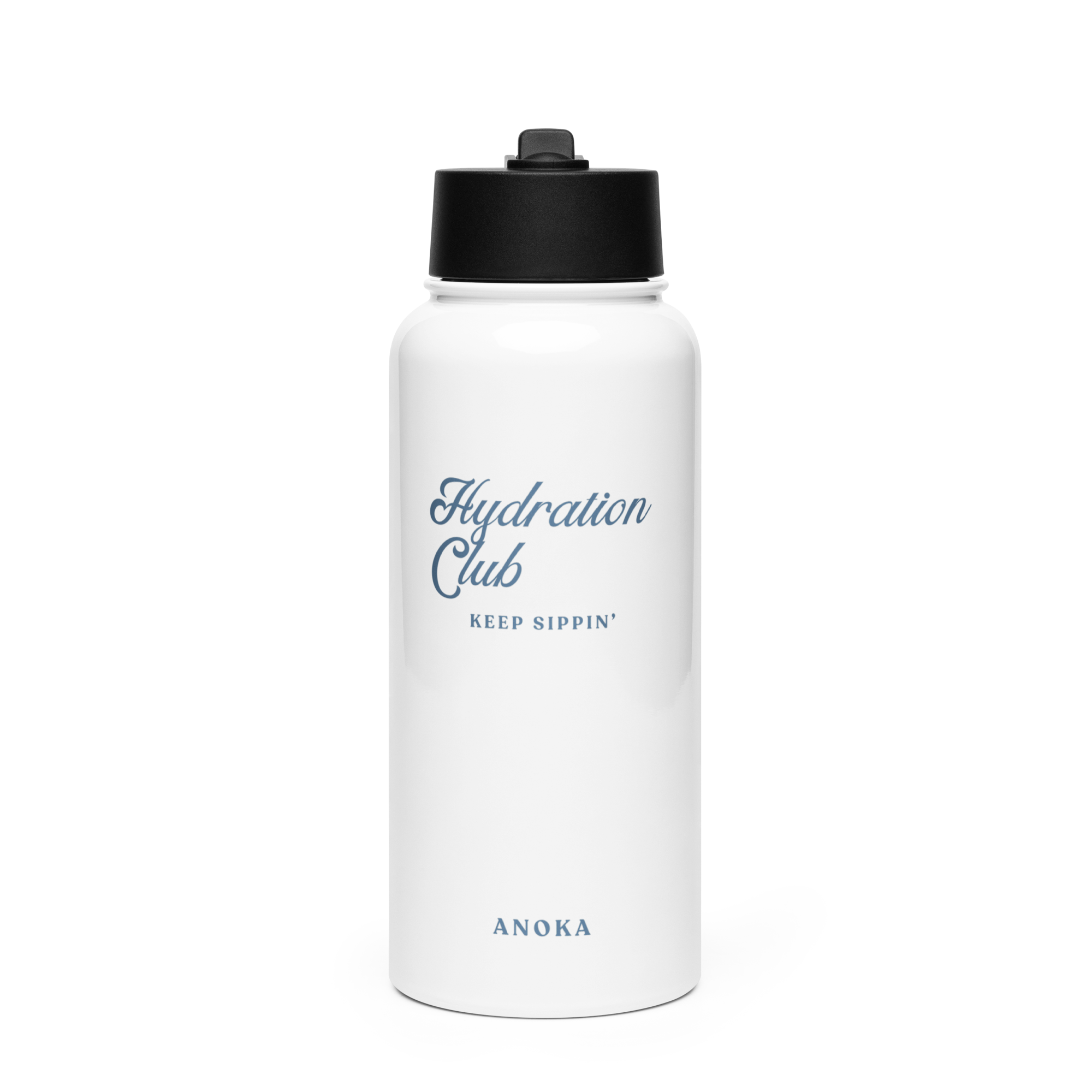 White water bottle with black lid featuring 'Hydration Club' branding on a white background