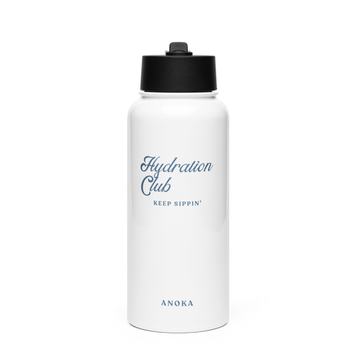 White water bottle with black lid featuring 'Hydration Club' branding on a white background