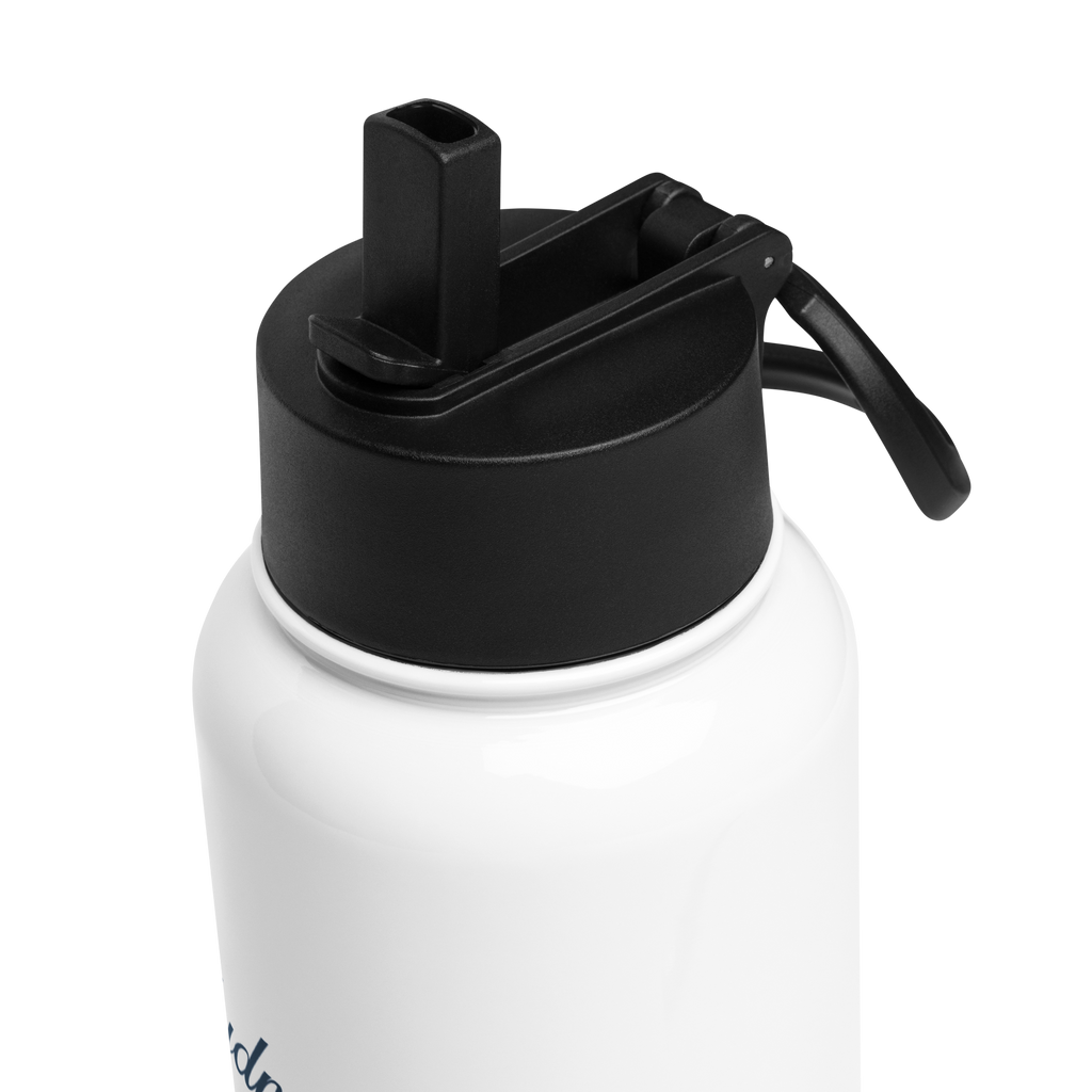 White water bottle with black lid and handle on a white background